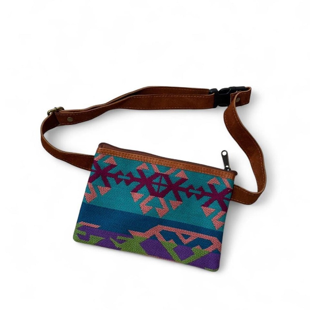 Multi-colored Aztec geometric patterned leather belt bag/crossbody bag